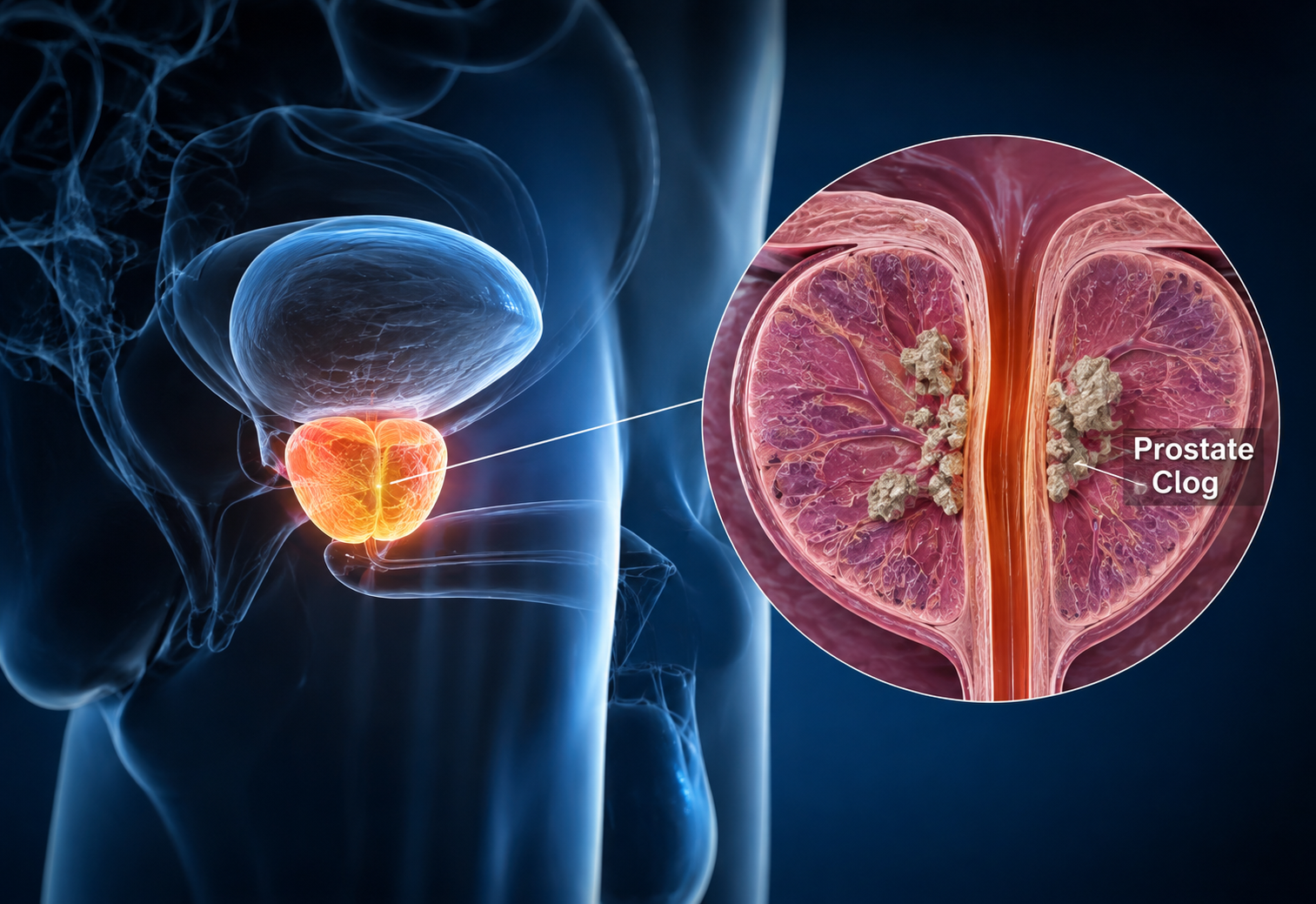 Medical illustration showing a hidden prostate clog